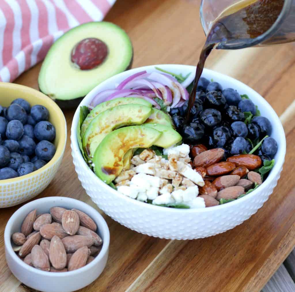 Tangy Balsamic Blueberry Salad with Avocado, Almonds, and Feta Cheese