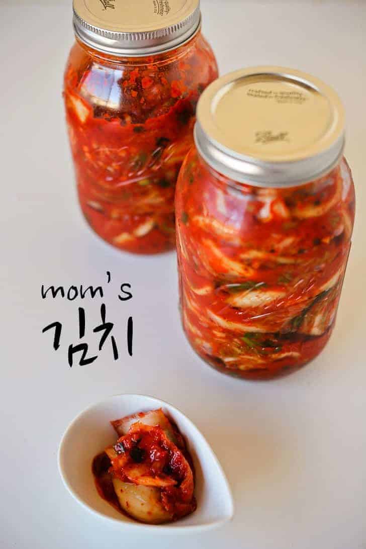 A jar of spicy red kimchi