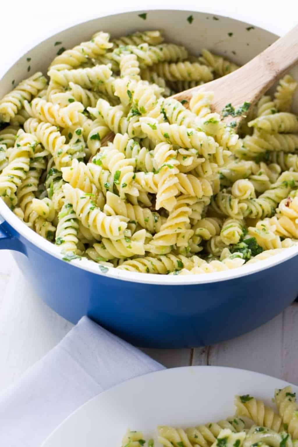 Close up of pasta in a blue dish